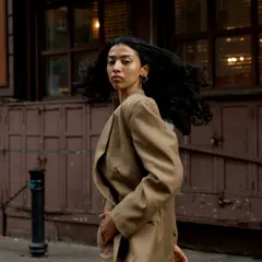 Capturing natural movement and the beautiful texture of her hair against the city backdrop. These unposed, in-between moments often make for the most compelling portraits.