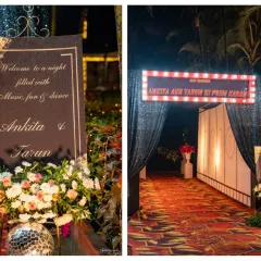 Setting the stage for a Bollywood fairytale. The entrance to this Sangeet featured a custom marquee sign with the couple's "Prem Kahani" and a welcome board inviting guests to a night of music, fun, and dance.