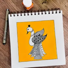 A Madhubani-style peacock, drawn with intricate zentangle-like patterns. The bold yellow background makes the black and white design stand out.
