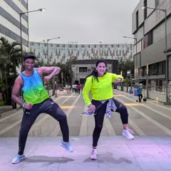 Partnering up with a fellow instructor to lead the 'Run for Happiness' warm-up. We bring double the energy to get the runners pumped and ready to go.