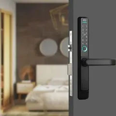 An in-context view of the narrow-style digital door lock installed on a bedroom door. This lock is perfect for aluminum or slim-profile doors where a standard lock won't fit, offering features like passage mode and audit trail.