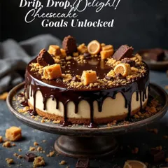 Drip, drop, delight! We've unlocked cheesecake goals with this creation, featuring a decadent chocolate drip and crunchy toppings.