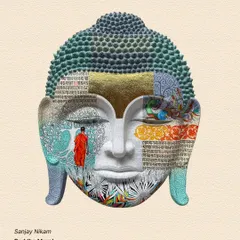 A unique fibre mural of Buddha's head by Sanjay Nikam, its surface a rich collage of textures, patterns, and spiritual imagery.