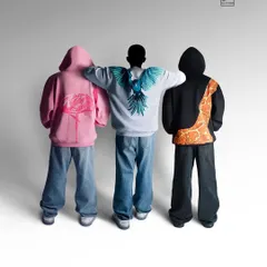 An experimental "invisible fashion" shoot for a streetwear brand. This concept focuses on the clothing itself by rendering the models as silhouettes, making the graphic hoodies the undeniable heroes of the image.
