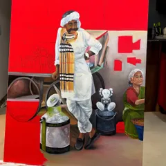 A modern take on a traditional scene. This painting features a man in classic Indian attire with a modern Burberry scarf, standing next to milk cans and a KAWS companion figure, blending different worlds.