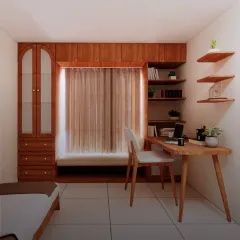 In this compact bedroom, I designed a multi-functional unit that combines a wardrobe, a window seat with storage, and a study desk. This custom solution makes the most of every square inch, creating a cozy and highly practical space.