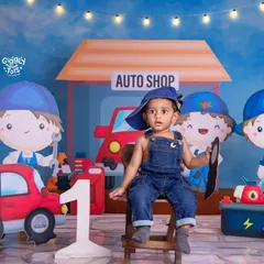 Mini mechanic, maximum cuteness! This little guy is ready to get to work in our fun auto shop theme, complete with tools, tires, and cartoon friends.
