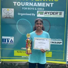 A series of photos celebrating Manvi Gupta's hat-trick of U16 and U18 titles, showcasing her consistent dominance at All India level tournaments.