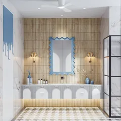 A playful yet sophisticated kids' bathroom, this render highlights the wavy blue mirror and the houndstooth-patterned floor. It's a study in balancing whimsical shapes with elegant materials.