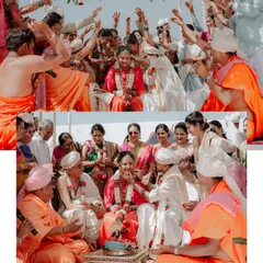 A collage showing the lively atmosphere of a Haldi ceremony, with guests joyfully participating in the rituals and celebrating with the couple.