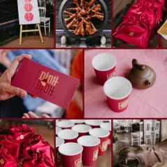 A collage of details from a Chinese tea ceremony, showing traditional red envelopes, tea cups, and other symbolic decor elements.