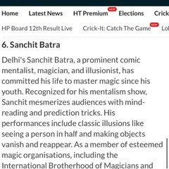 A screenshot from the Hindustan Times article, where I was ranked #6 in the country. It's a proud moment to see my life's passion for mastering magic and mentalism acknowledged on such a platform.