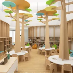A concept render for the library at Euro School, Airoli, designed as a whimsical forest. The tree-like structures and colorful canopy create a magical environment that invites children to explore the world of books with wonder and curiosity.