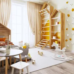 This room encourages active play with a built-in wall ladder and gymnastic rings, alongside house-shaped bookshelves for storage.