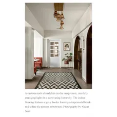 This feature showcases the restaurant's hallway, noting the custom-made chandelier and the trapezoidal black-and-white tile pattern that enhances the heritage character of the space.