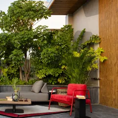 A terrace transformed into an urban sanctuary. This rooftop garden uses a dense backdrop of trees and a bold red accent chair to create a private escape with a strong visual identity against the city skyline.