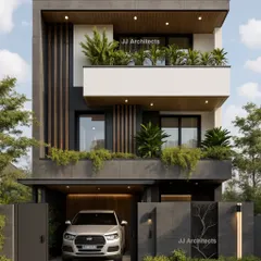 This facade concept emphasizes curated greenery on every level, blending natural elements with charcoal stone and a warm wood soffit. Our designs aim for a timeless look that feels connected to nature.