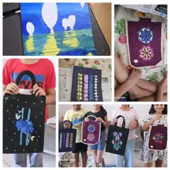 A collage from my summer batch of art classes. It shows the wonderful variety of work created by my students, from canvas paintings to stenciling and tote bag painting. It's all about unleashing creativity.