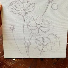 Before the paint, comes the plan. A simple sketch of cosmos flowers provides the guide for a beautiful and textured impasto painting.