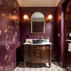 This luxurious powder room features a deep purple wall with a delicate floral pattern, a classic wooden vanity, and an arched niche with built-in shelving. It’s a beautiful blend of traditional and modern styles.