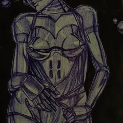 A detail shot of the 'Space Age' cyborg drawing, focusing on the torso and the mechanical structure of the body.