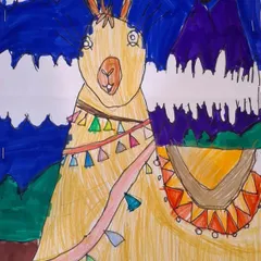 The drawing comes to life with color and pattern. This is the completed llama artwork, showcasing the student's unique color choices and attention to detail.