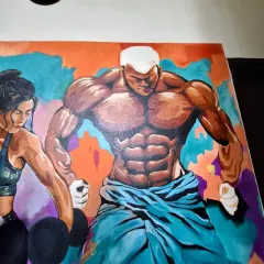 A close-up of the male figure in the gym wall painting. The strong lines and vibrant colors emphasize the power and physique.