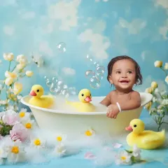 Pure joy in a tub. This is an example of a fun and creative baby photoshoot, complete with bubbles, rubber ducks, and a beautiful floral setup. I ensure your baby is comfortable and happy throughout these playful sessions.