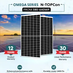 The Omega Series N-TOPCon modules are built for durability and performance. Featuring a 16BB design, they are backed by a 12-year product warranty and a 30-year linear performance warranty, and can withstand heavy wind and snow loads.
