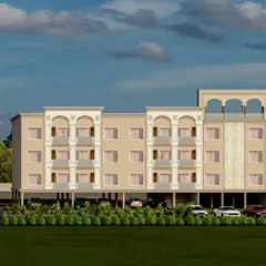 This is the architectural rendering for NRI Niwas, a residential building near Gurudwara Fateh Nagar. The design blends modern apartment living with traditional Indian architectural motifs, like jaali work and arched balconies, to create a culturally rooted yet contemporary facade.