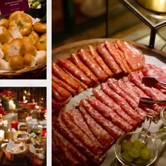A glimpse into the layers of a bespoke grazing experience. This collage highlights the key elements: premium, carefully sourced deli meats, freshly baked rosemary and onion focaccia, and the warm, candlelit ambiance that defines my events.