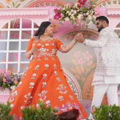The Mehandi ceremony should be full of life and color. I designed this vibrant, carnival-themed backdrop with whimsical patterns and bright florals, creating a joyful stage for Amoolya and Vaibhav to dance and celebrate.