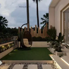 Another angle of the proposed front lawn design. This view highlights the cozy seating nook with a swing chair, a modern wooden fence for privacy, and integrated lighting within the planters and pathways for beautiful evening ambiance.