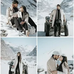 A four-part collage from a Manali snow shoot, featuring poses with an ATV, an intimate moment under an umbrella, and solo portraits against the stunning mountain scenery.