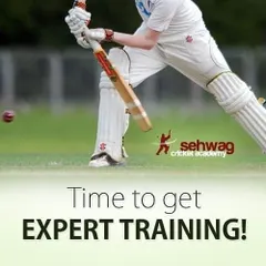 A powerful action shot of a batsman paired with our core message: it's time for expert training. We focus on developing technically sound and aggressive players.