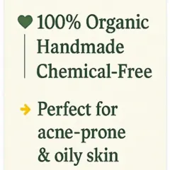 This graphic highlights the core promise of my Neem Tulsi soap. It's 100% organic, handmade, and chemical-free, making it the perfect choice for managing acne-prone and oily skin gently and effectively.