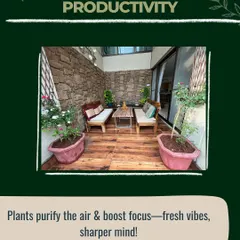 This setup is designed for conversation and connection. The wooden benches and coffee table create a natural, grounded feel, while the surrounding potted rose plants on the wood-paneled floor add life and improve focus.