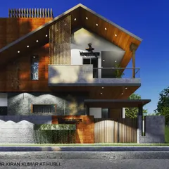 Another perspective of the proposed lakeside residence in Hubli. This view highlights the A-frame roof structure and the use of varied textures, including exposed brick and wood, to create a rustic yet modern architectural statement.