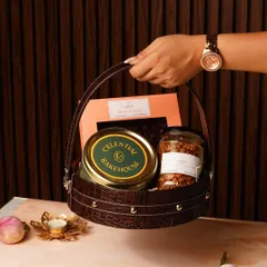 A lifestyle shot showing our Rakhi gift basket. It's a gift that feels both personal and luxurious.