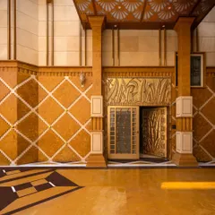 The entrance of Stone Print Villa showcases the result of our material experimentation. The facade is clad in two types of Indian stone and our custom stone-resin prototype, creating a rich tapestry of textures, patterns, and ornamentation.