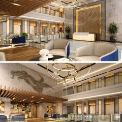 This collage shows the design for ONE WORLD, a new commercial project in Malad. The project features a high-tech design with a grand, double-height lobby, a modern coffee shop, and a fully automated car parking tower.