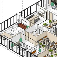 A partial axonometric view, providing a closer look at the layout of individual cabins, meeting rooms, and open-plan workstation areas.