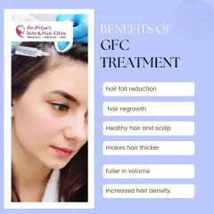 Here are the key outcomes of GFC treatment. Patients can expect a reduction in hair fall, stimulation of regrowth, improved scalp health, and an increase in hair thickness, volume, and density.