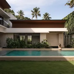 A quiet moment at the Villa Shakthi pool court, where the architecture provides both shade and openness. We carefully integrate landscape elements like climbing vines and lush planters to soften the structure and create a sense of tranquility.