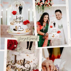 This collage focuses on the beautiful "Just Engaged" cake and the happy couple cutting it together. It’s a sweet memory that highlights a central moment of the engagement party.