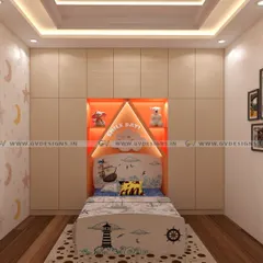This kids' bedroom is designed for imagination and joy. It features a custom bed attached to the wardrobe, which includes a unique triangle-shaped, backlit showcase unit for displaying toys. The playful wallpaper and wooden flooring complete the vibrant look.