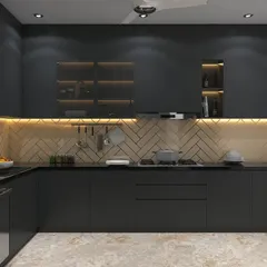 A concept for a dark and moody kitchen. The design features matte black cabinetry, a herringbone tile backsplash, and warm under-cabinet lighting to create a sophisticated and dramatic cooking space.