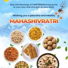 On Mahashivratri, many people fast and eat specific foods. This poster displays the items I offer for the occasion, including various dry fruits like cashews and almonds, Til Barfi, Laddoos, and Kheer.
