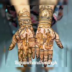 A popular design for Karwa Chauth, showing the wife looking at her husband through the channi. The other hand features a portrait of the couple together, capturing the essence of the festival.
