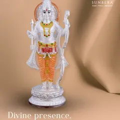 We present this magnificent Lord Ram idol, crafted from pure silver with delicate color accents. The sharp features and serene expression are a testament to our electroforming process, creating a divine presence for your home or office space.